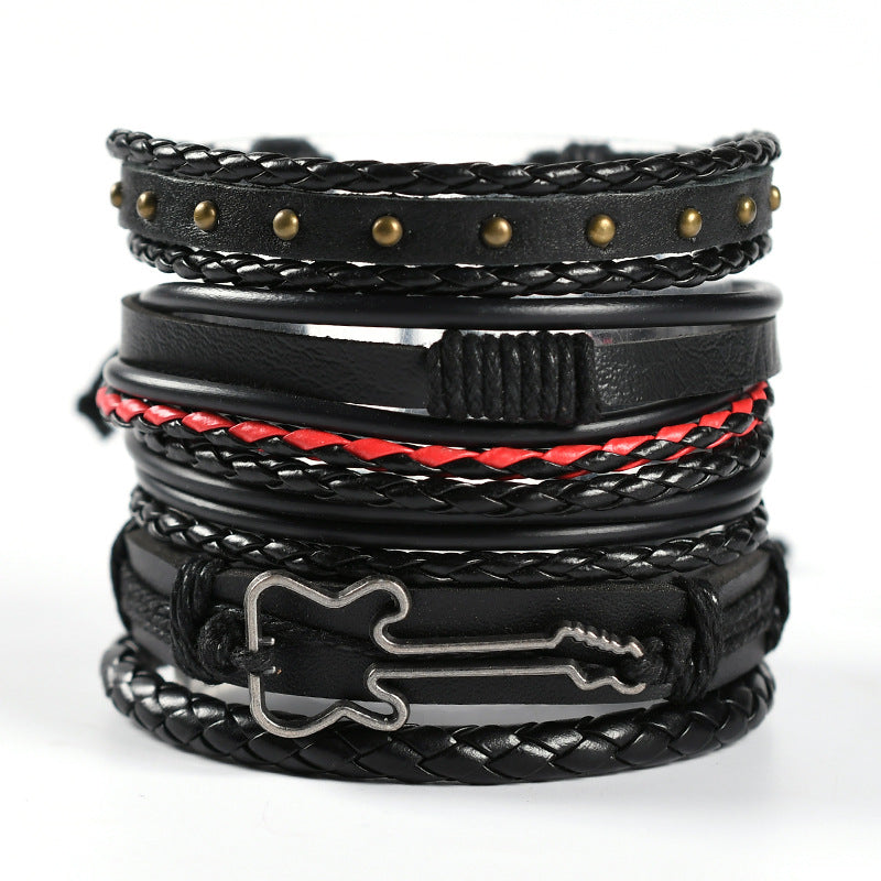 Cross-border European And American Men's Braided Leather Bracelet Multi-layer Set Skull Bracelet Genuine Leather Bracelet