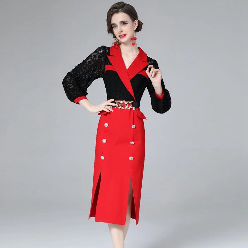 2022 Spring And Summer New Lapel Long-sleeved Stitching Professional Commuter Slit Dress