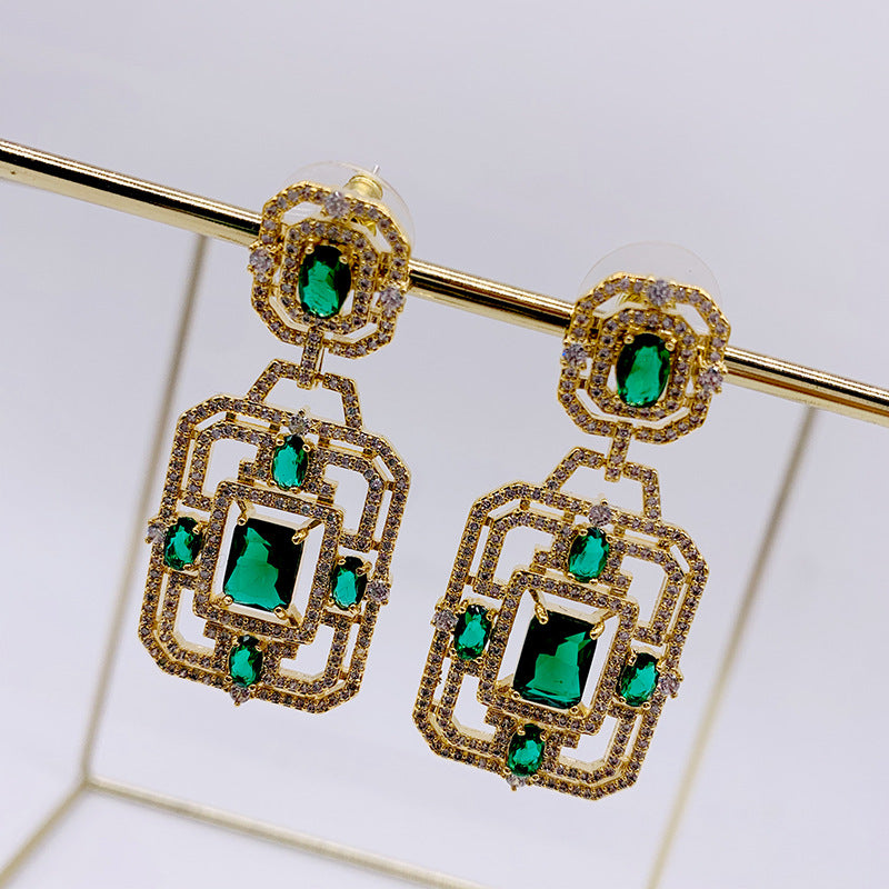 Designer Geometric Square Flower Window Earrings Show Thin Face, High-end Earrings, Emerald Full Diamond Zircon Silver Needle Tide