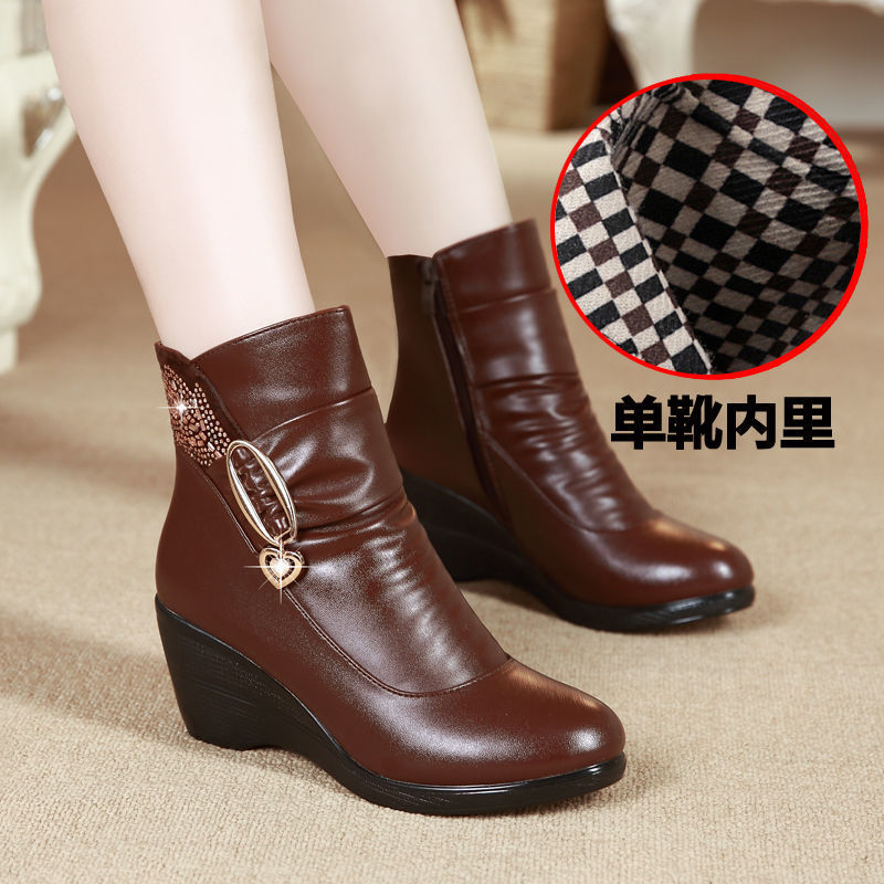 Comfortable  Shoes Autumn And Winter Leather Slope With Ankle Boots Middle-aged And Elderly Ladies Cotton Leather Shoes Cotton Boots Women's Shoes Mid-heel Cotton Shoes Boots