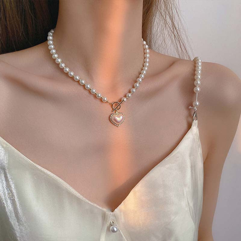 Japanese And Korean Ins New Super Fairy Temperament Imitation Pearl Love Necklace Cold Wind Sweet Simple OT Buckle Clavicle Chain Female