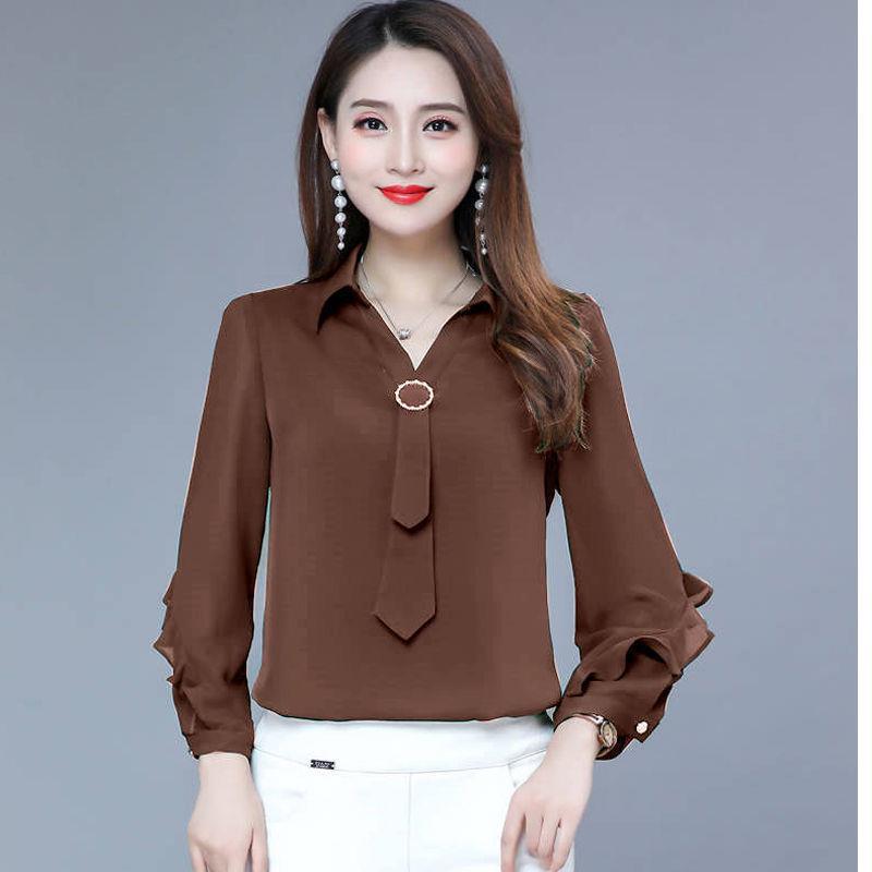 2021 Spring And Autumn Middle-aged And Elderly Mothers Women's Long-sleeved Shirts Western-style Casual Chiffon V-neck Shirts