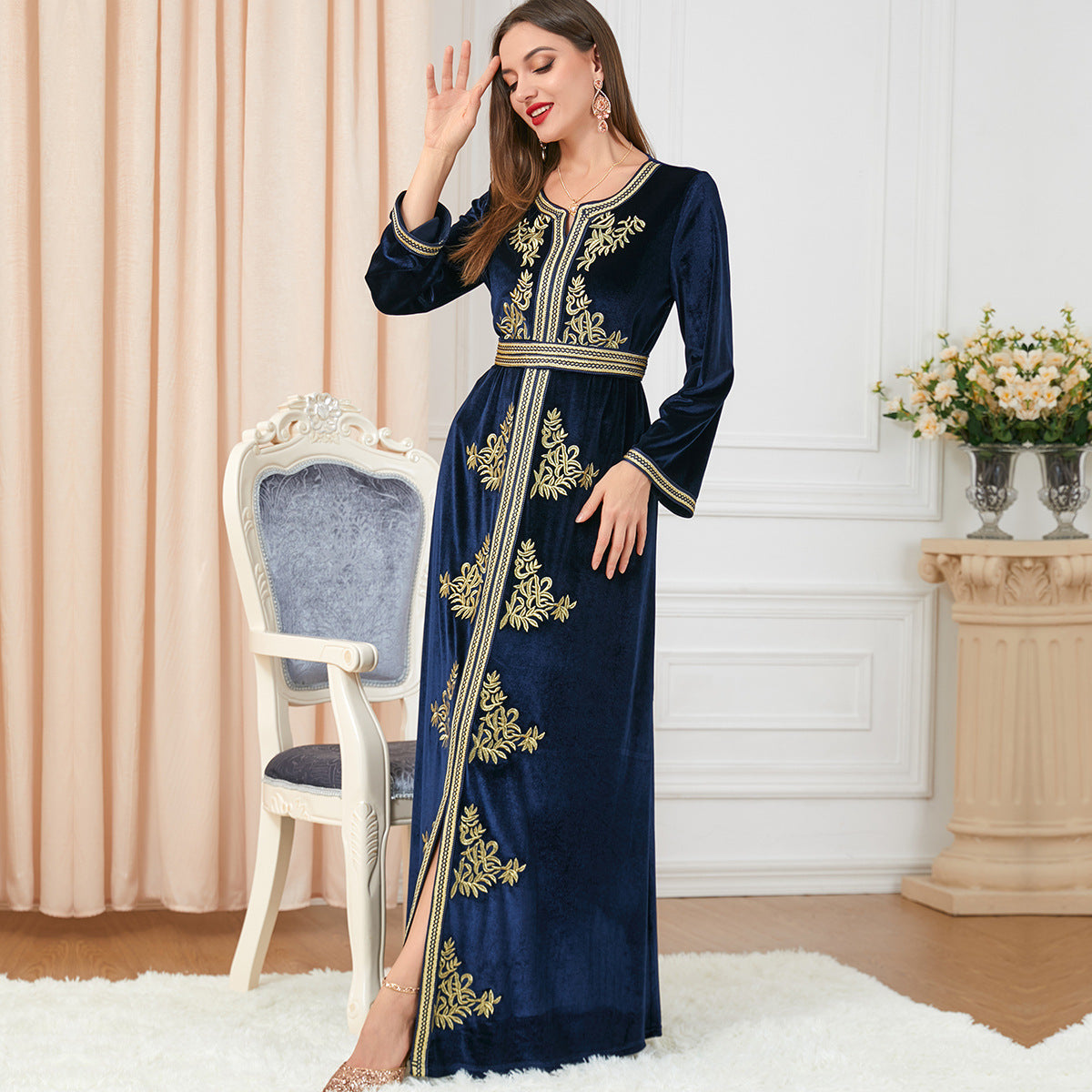 New Arrival Long-sleeved Slit Autumn And Winter Women's Wear Embroidered Clothes Velvet Dress