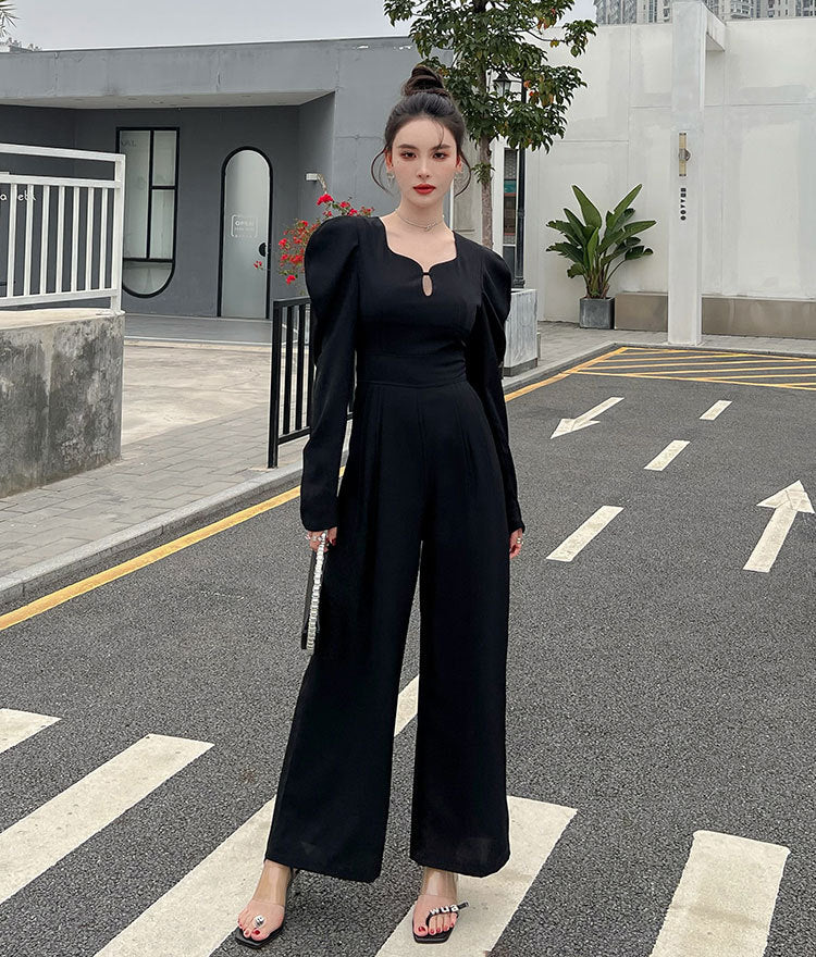 Real Shot 2022 Spring Ladies Temperament Leg Of Lamb Sleeve Trousers V-neck High-waisted Wide-leg Pants Women's Casual Straight Jumpsuit