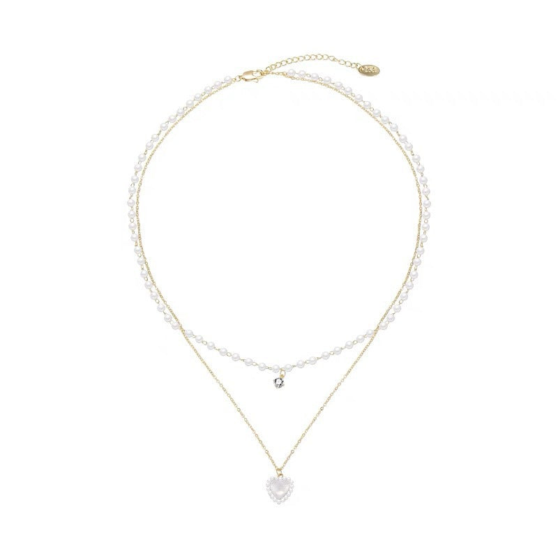 Millet Pearl Double Layer Necklace Women's Summer Necklace Light Luxury Niche Love Heart Clavicle Chain
