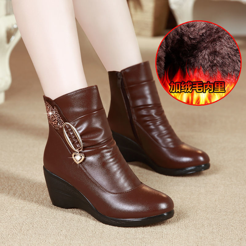 Comfortable  Shoes Autumn And Winter Leather Slope With Ankle Boots Middle-aged And Elderly Ladies Cotton Leather Shoes Cotton Boots Women's Shoes Mid-heel Cotton Shoes Boots
