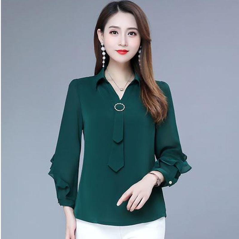 2021 Spring And Autumn Middle-aged And Elderly Mothers Women's Long-sleeved Shirts Western-style Casual Chiffon V-neck Shirts
