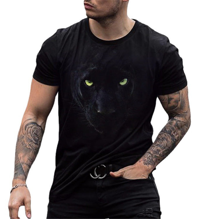 Spot Cross-border European And American Foreign Trade Men's Summer Loose Round Neck Black Panther Print Short-sleeved T-shirt Top