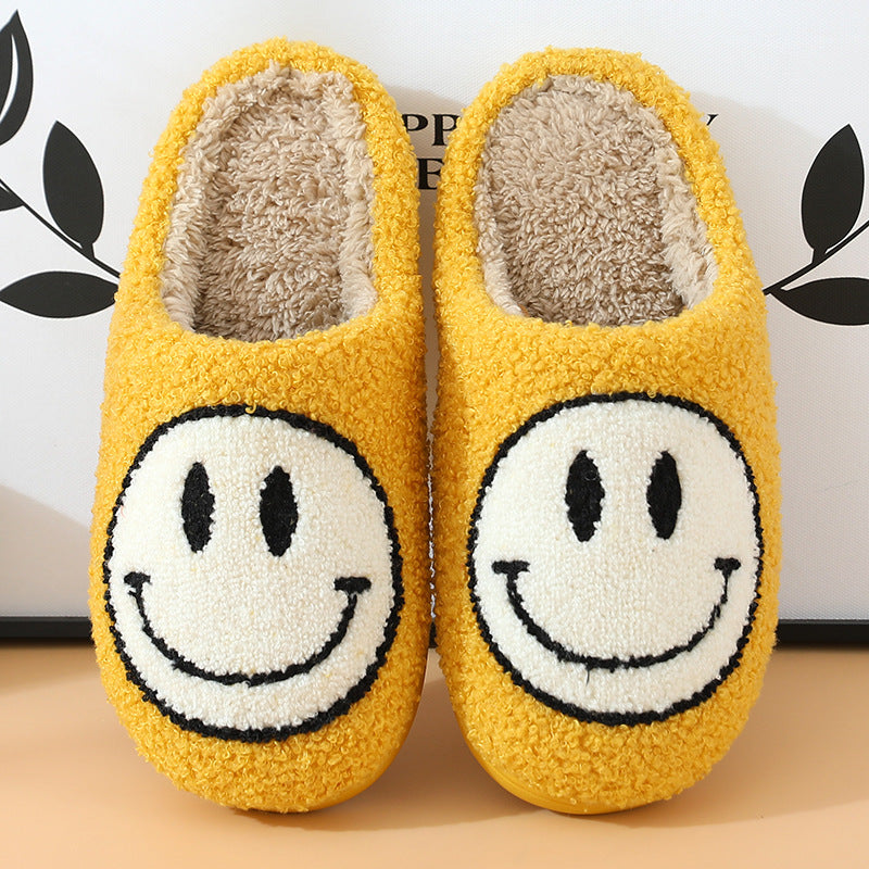 Smiley Korean Version Of Autumn And Winter Plush Couple Cotton Slippers Female Bag With Home Cute Thick-soled Cartoon Non-slip Indoor
