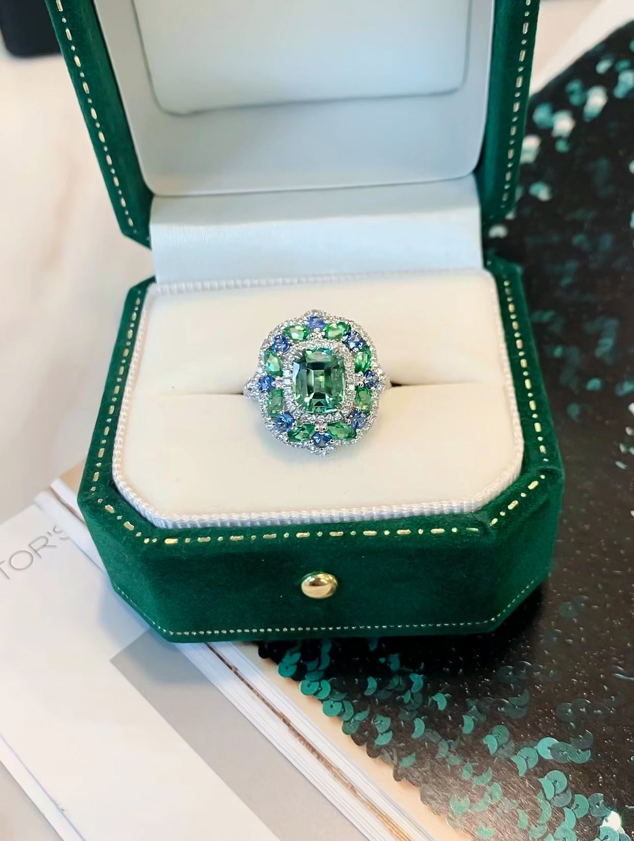 2022 New European And American Style Ring S925 Sterling Silver Secret Garden Afghanistan Green Tourmaline Senior Women's Ring Wholesale