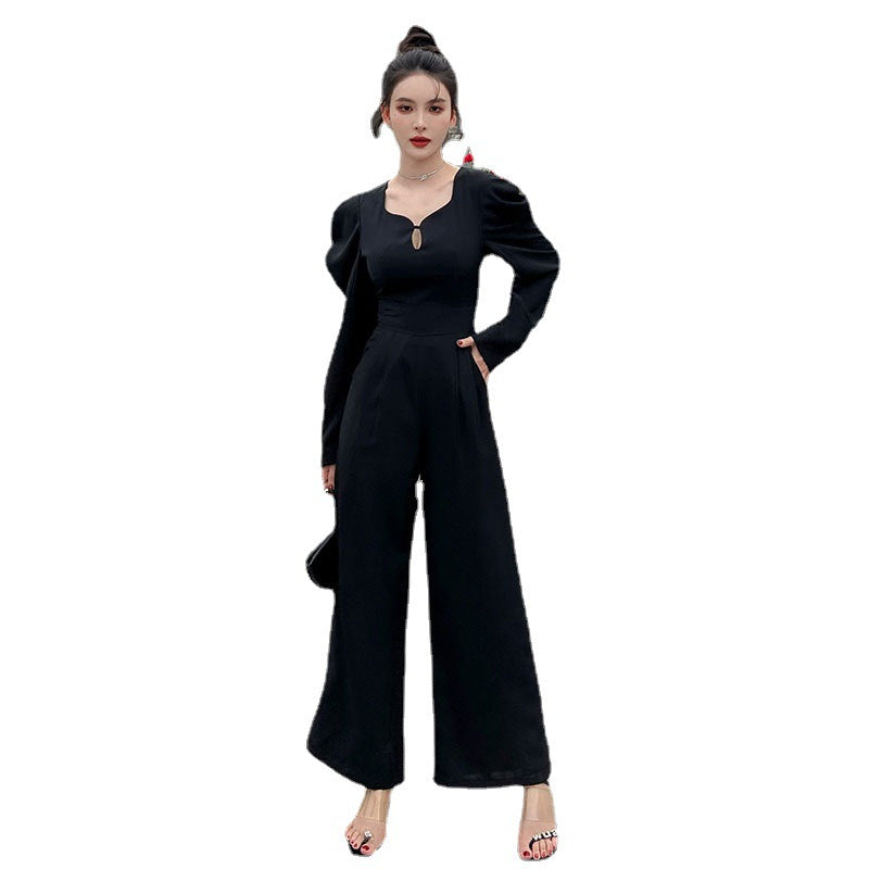 Real Shot 2022 Spring Ladies Temperament Leg Of Lamb Sleeve Trousers V-neck High-waisted Wide-leg Pants Women's Casual Straight Jumpsuit