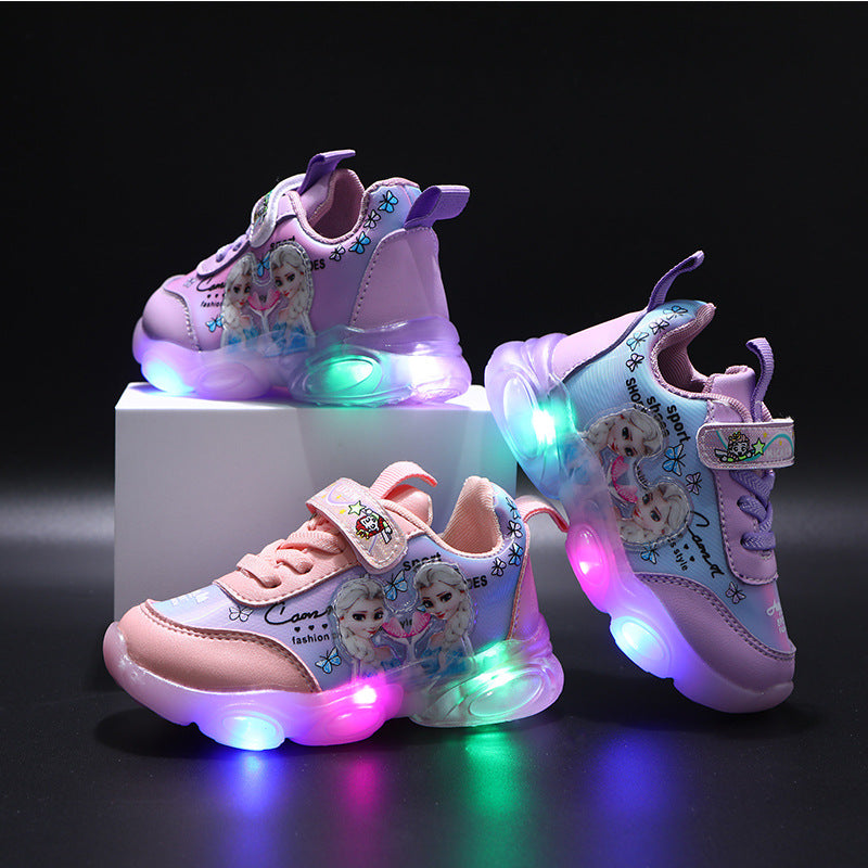 2021 New Korean Version Of The Girl's Ice And Snow Elsa Princess Children's Led Light Aisha Casual Shoes Sneakers