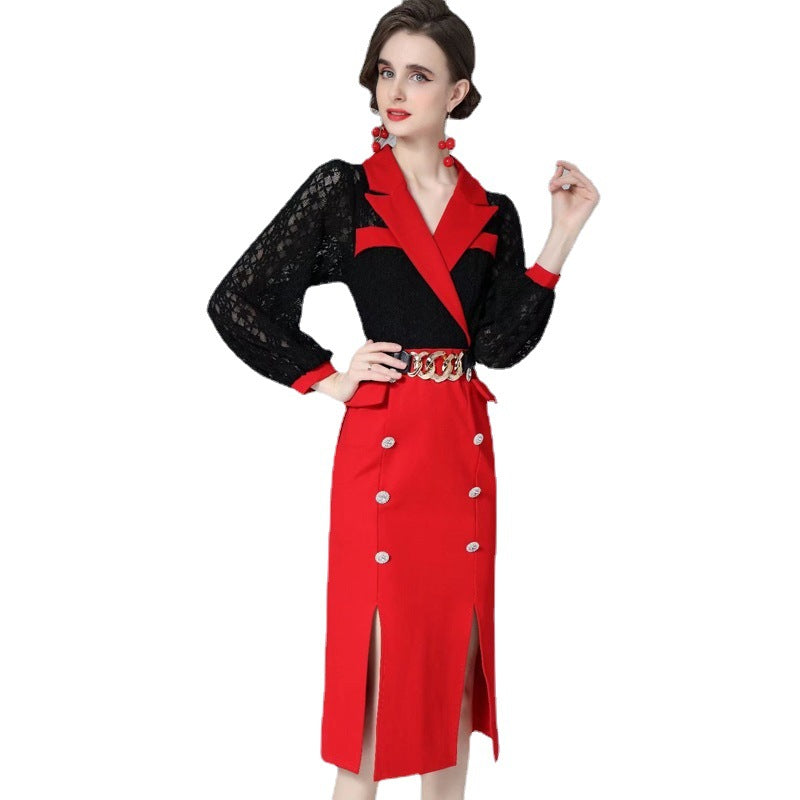 2022 Spring And Summer New Lapel Long-sleeved Stitching Professional Commuter Slit Dress