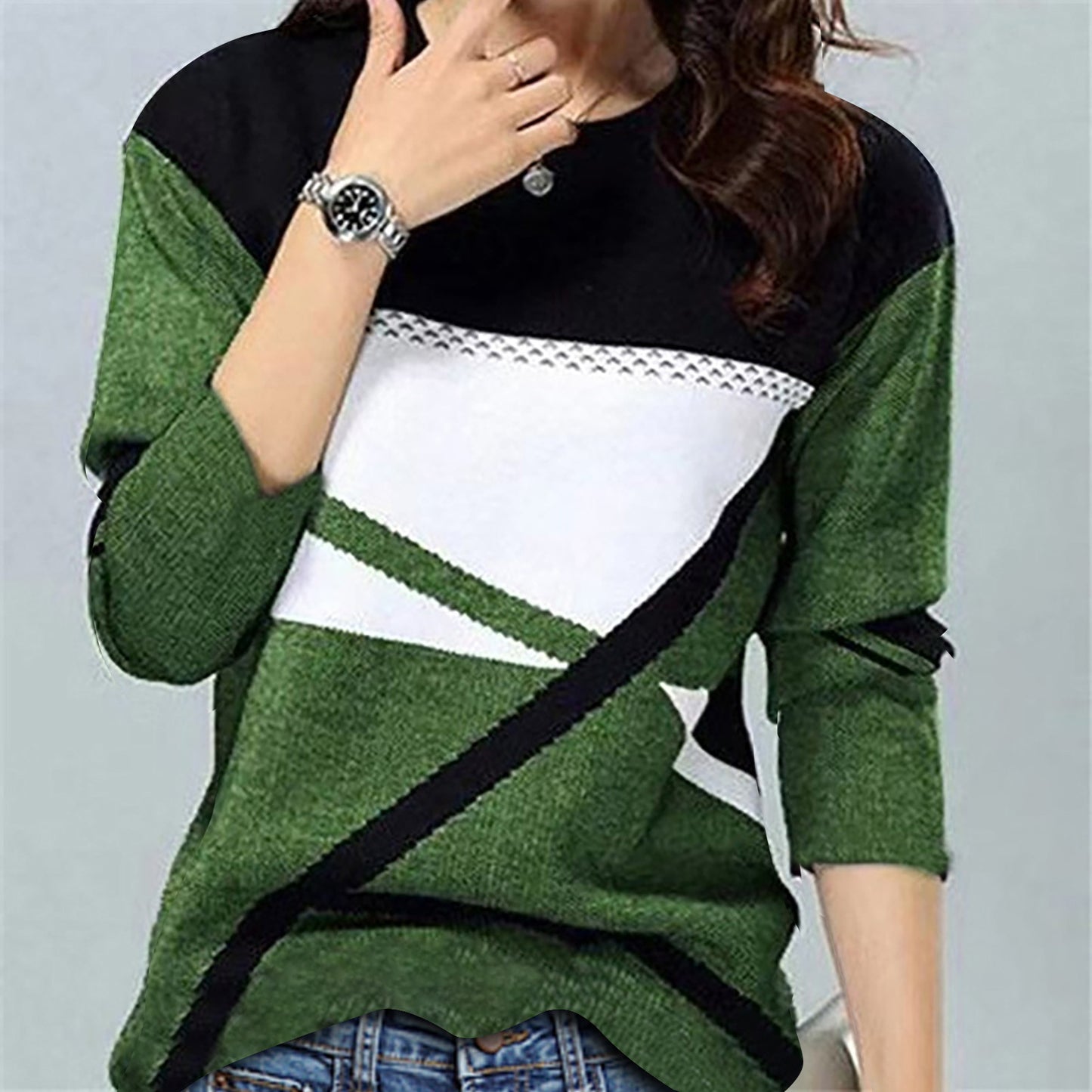 2021 Fashion Geometric Print Color Matching Cashmere Brushed Round Neck Long-sleeved Sweater Women