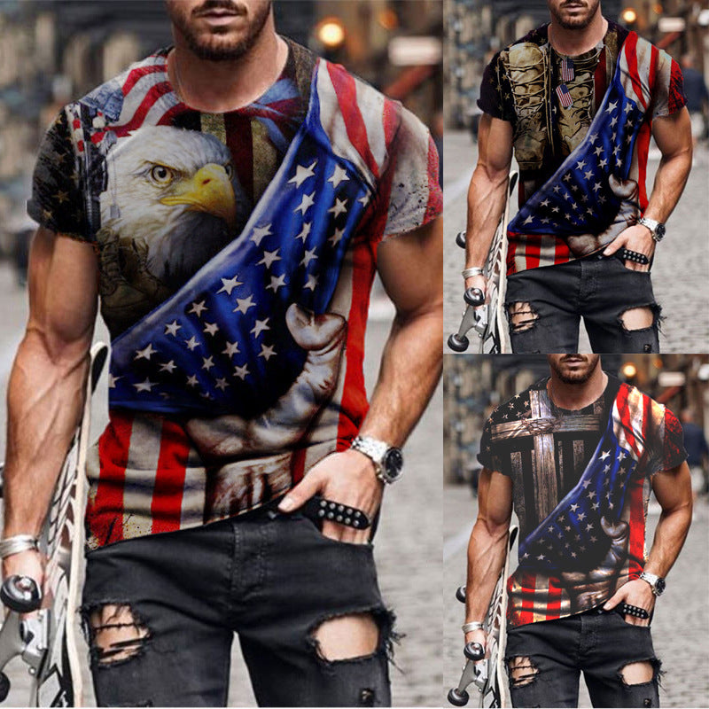 Spring New American Flag ,Cross Print Men's Round Neck Short-sleeved T-shirt
