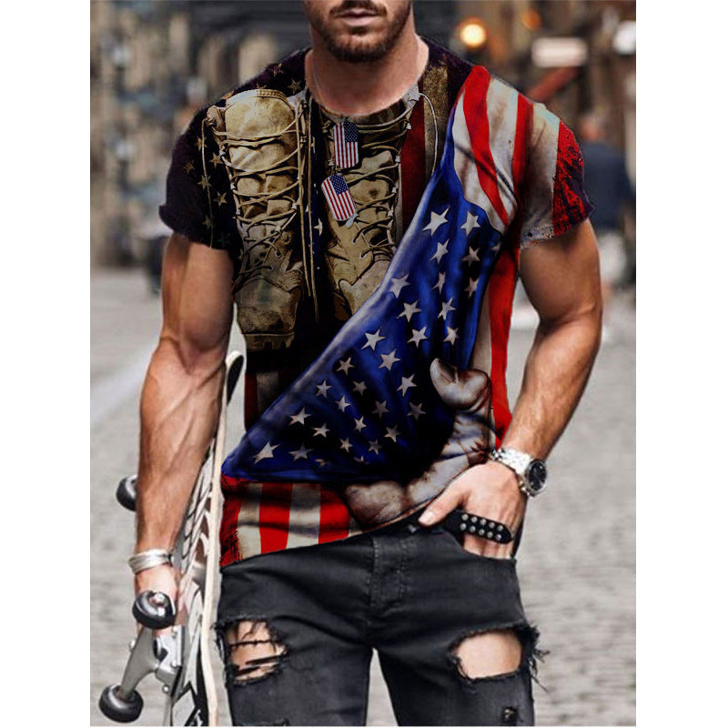 Spring New American Flag ,Cross Print Men's Round Neck Short-sleeved T-shirt
