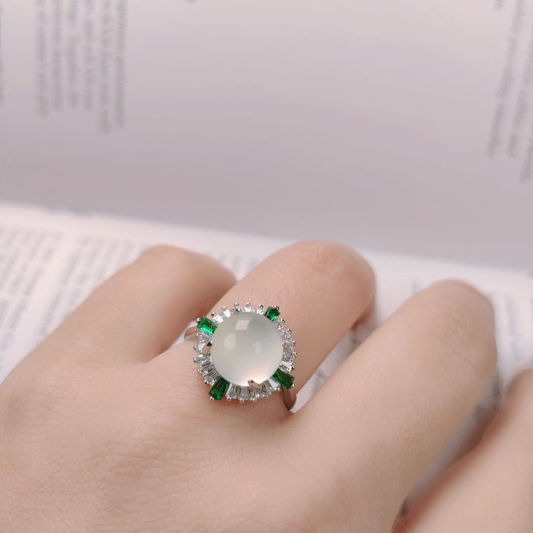 Wholesale 925 Silver Inlaid Ice Green Chalcedony Luxury Female Ring Pink Agate With Green Zircon New Jade Ring
