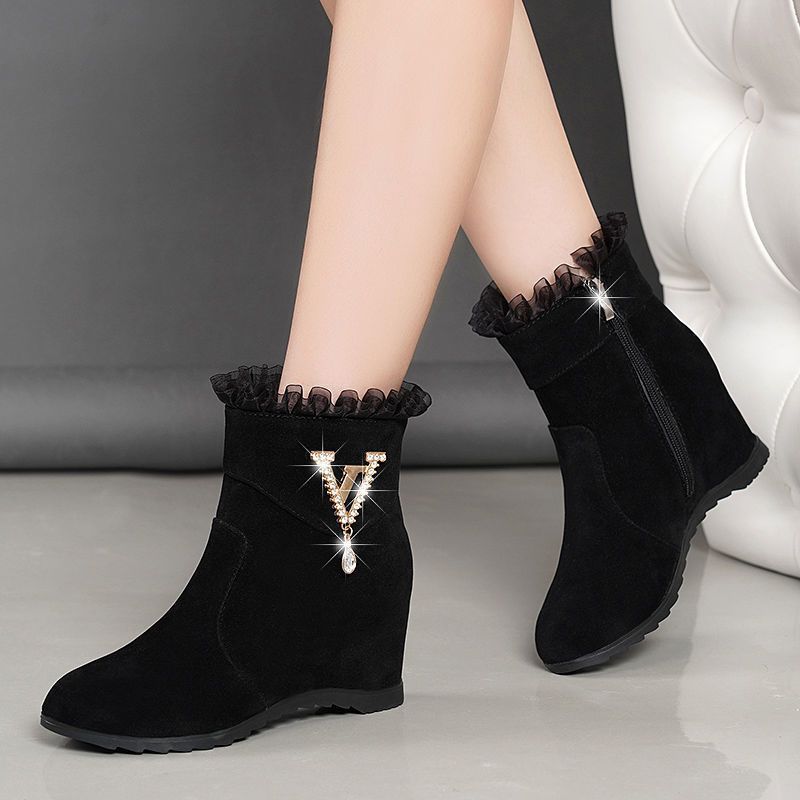 2021 Autumn And Winter Korean Version Of The New Frosted And Velvet Inner High Women's Boots Wild Mid-heel Rhinestone Short Tube Martin Boots