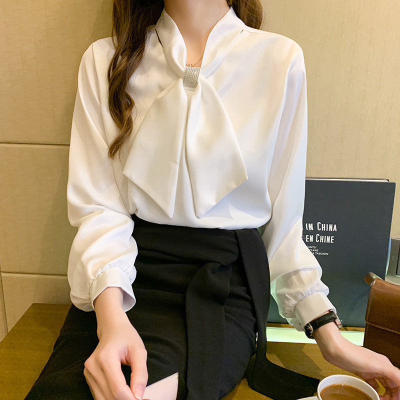 Satin Shirt Women's Design Sense Niche Hot Drill Bow Long-sleeved Shirt Temperament Professional Wear Chiffon Bottoming Top