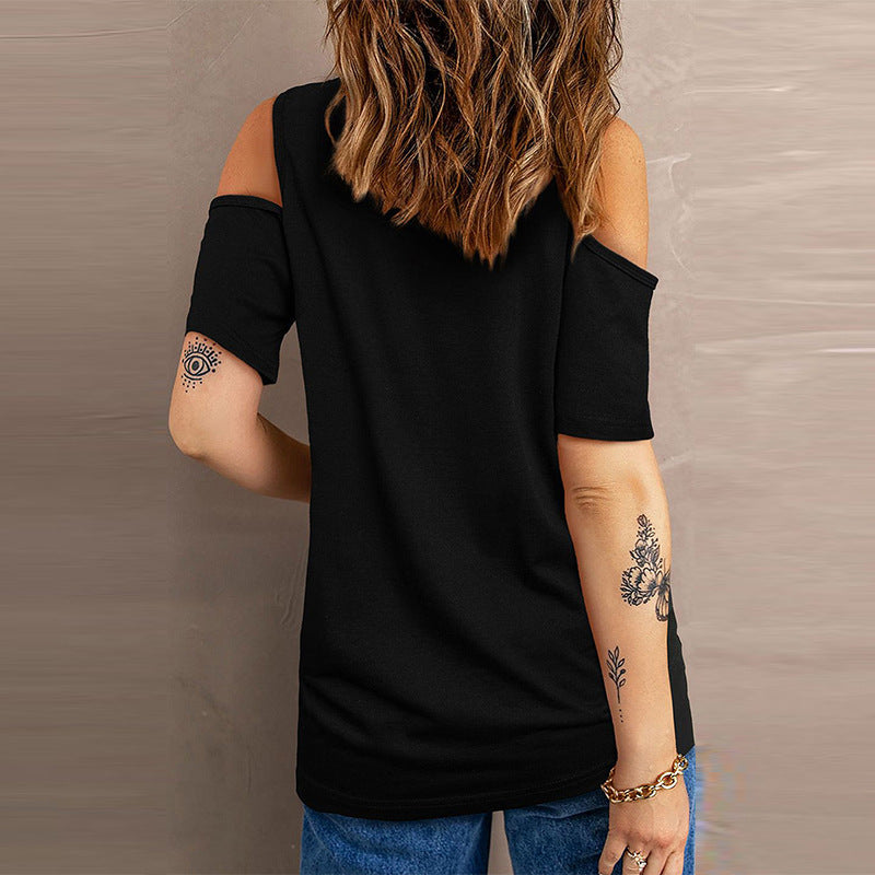Flag Printing Strapless Round Neck Casual T-shirt Women