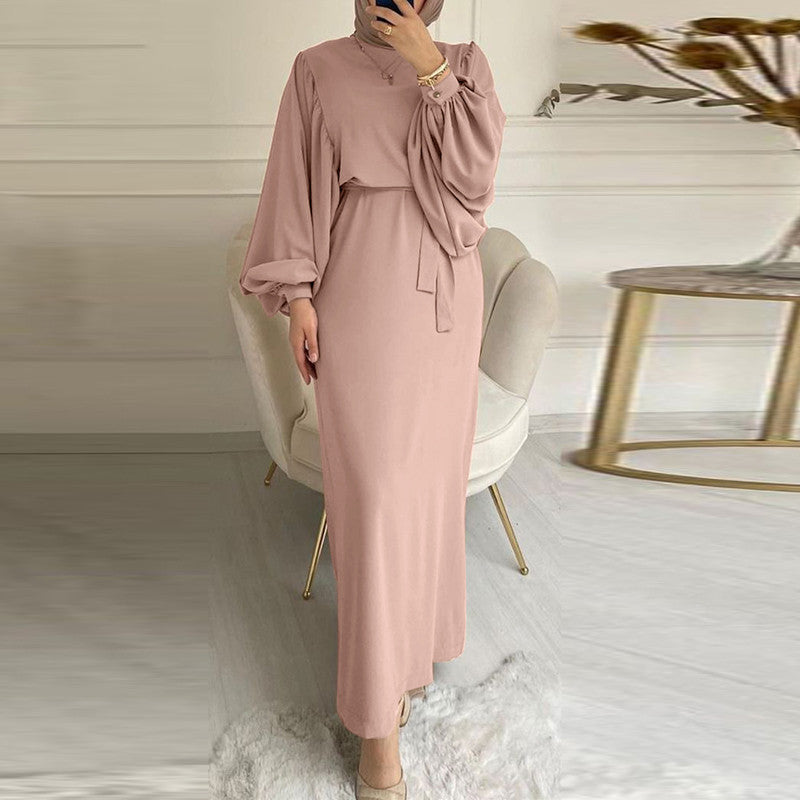 Solid Color Long Sleeve Casual Dress Abaya Robe Dress