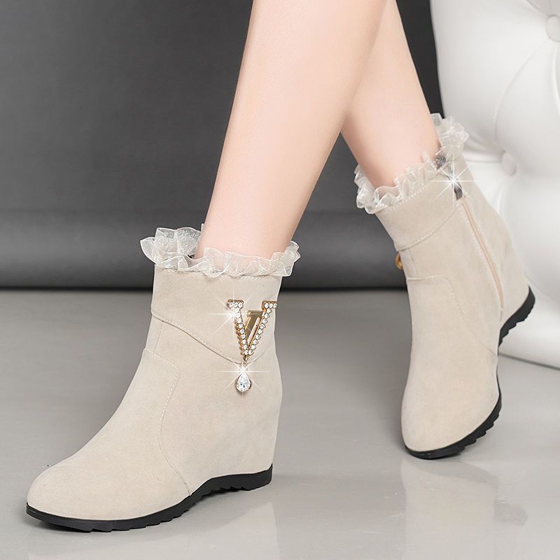 2021 Autumn And Winter Korean Version Of The New Frosted And Velvet Inner High Women's Boots Wild Mid-heel Rhinestone Short Tube Martin Boots