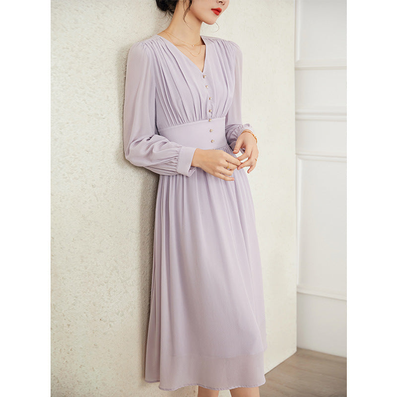 European Pinhui Silk Dress Feminine Long Sleeve Mulberry Silk A-Line Skirt French V-Neck High Waist Thin Large Swing Long Skirt