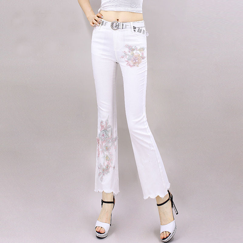 Summer Chinese Style Nine Points High Waist Embroidered Flower Micro Flared Jeans Ladies 2022 Tall And Thin Trendy Pants