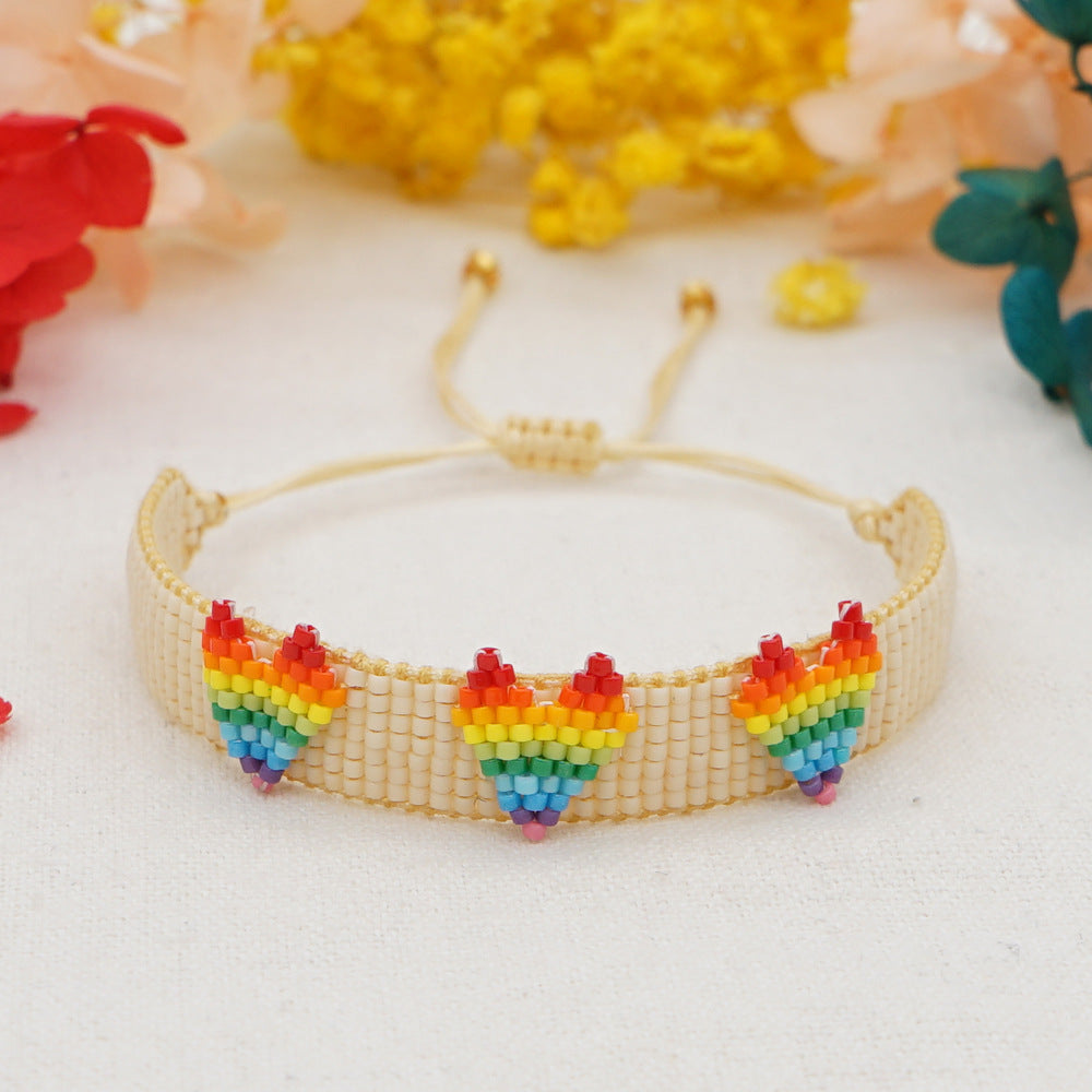 Simple Bohemian Ethnic Style Rainbow Love Beaded Hand-woven Miyuki Rice Bead Couple Bracelet Female