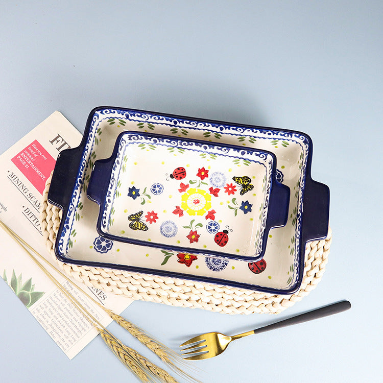 Japanese And Korean Ceramic Binaural Baking Pan, Rectangular Plate, Cheese Baked Rice, Round Baking Pan, Home Baking