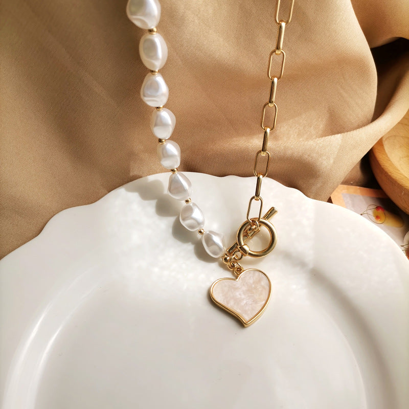 Korean Pearl Necklace Female Fashion Design Sense Stitching Love Necklace Fashion Baroque Collarbone Chain Female 1319