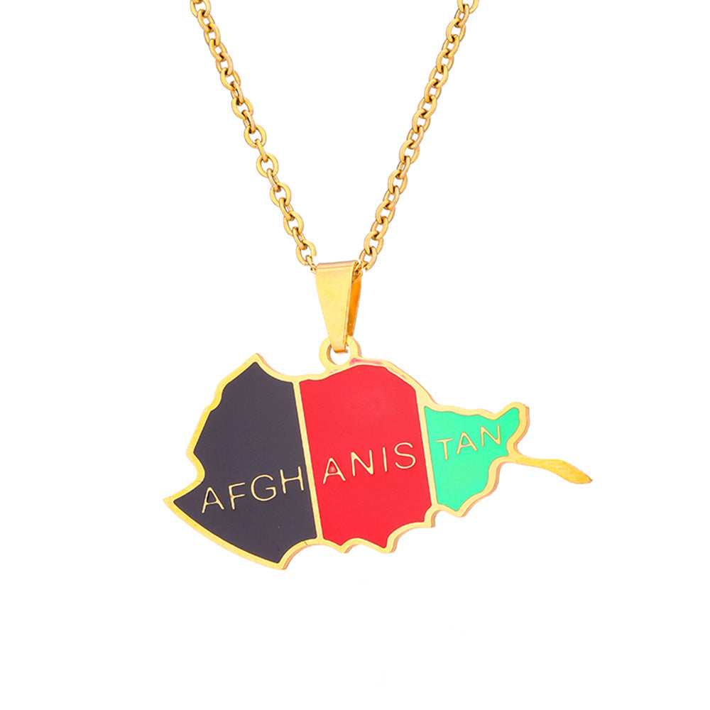 European And American Jewelry Fashionable Ethnic Style Afghanistan Map Pendant Necklace Dripping Oil Geometric Men And Women Stainless Steel Pendant