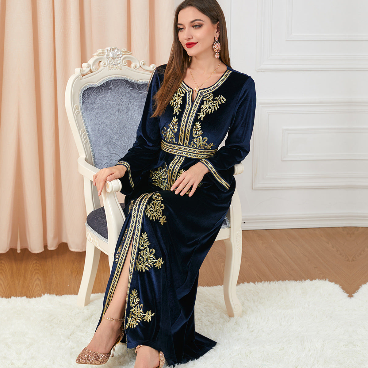 New Arrival Long-sleeved Slit Autumn And Winter Women's Wear Embroidered Clothes Velvet Dress