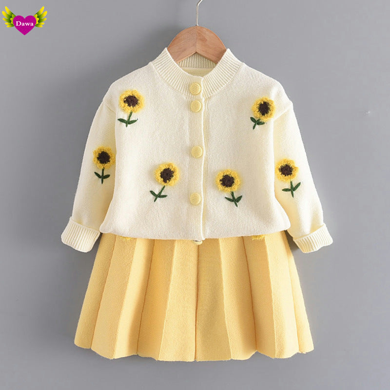 Girls Spring Clothes Set Long Sleeve Sweater Shirt Skirt Bow