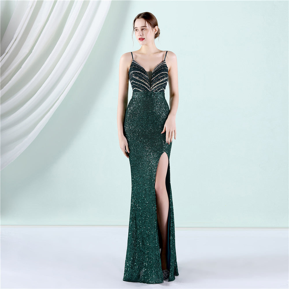 18905# Positioning Flower Beads Celebrity Party Party Evening Dress Sexy Long Thin Toast Dress Bride