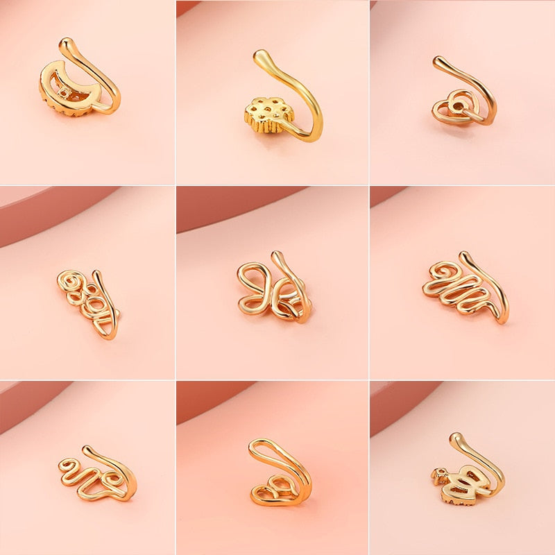 1Pc Copper Fake Piercing Nose Ring Heart Star Crown Clip On Nose Ear Clip Cuff Earring For Women Girl Gift Body Jewelry nariz