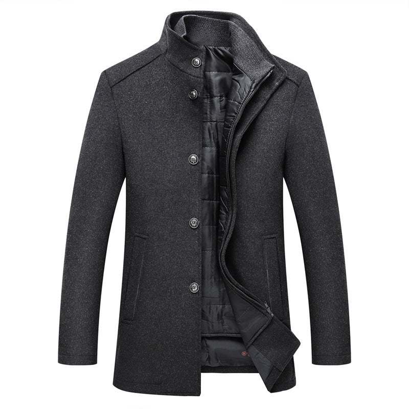 Long Men's Coats Tweed Coat Men's Fashion Standing Collar Tweed Coat
