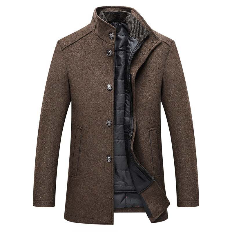 Long Men's Coats Tweed Coat Men's Fashion Standing Collar Tweed Coat